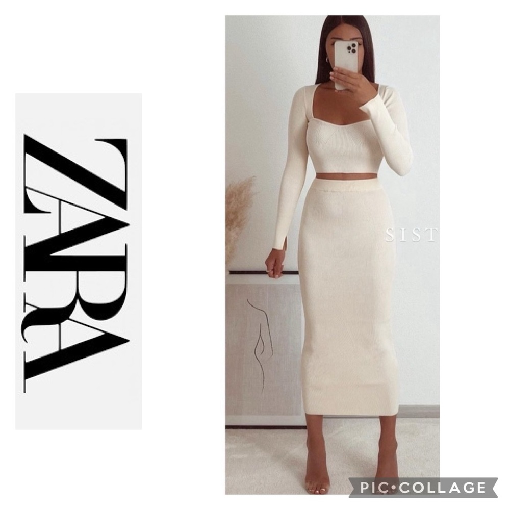 Zara MIDI Knit Skirt Beige Sz Medium